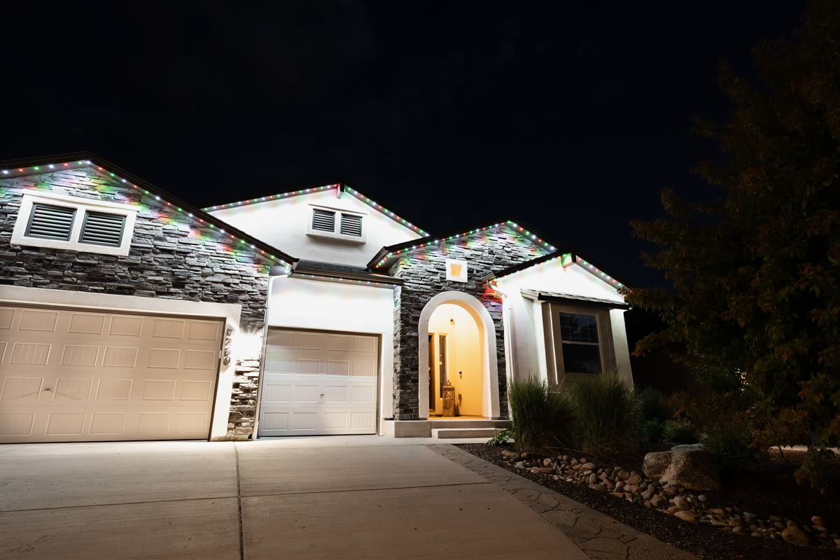 After photo showing Permanent Roofline Lights installed on a home